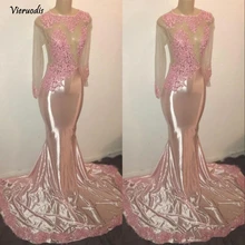 Sexy Long Sleeves Mermaid Prom Dresses 2019 New Pink Lace Appliques See Through Evening Gowns Custom цена Sexy Long Sleeves Mermaid Prom Dresses 2019 New Pink Lace Appliques See Through Evening Gowns Custom цены онлайн