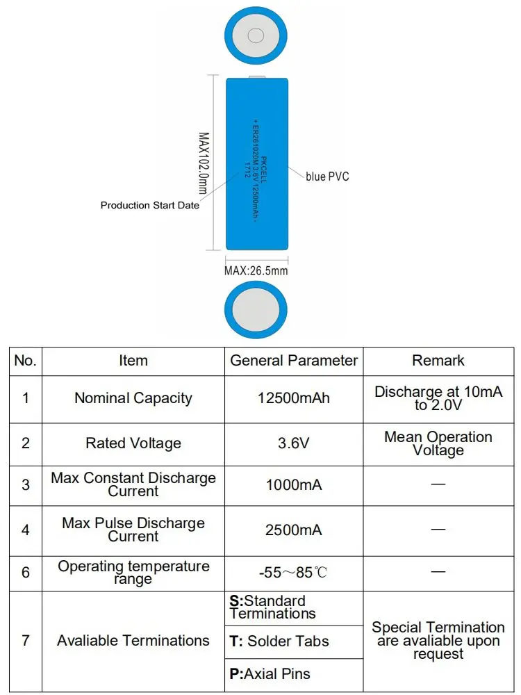ER261020M 12500mAh 3,6 V литиевая батарея 3,6 вольт Li-SOCl2 Мощная батарея для компьютера Поддержка питания