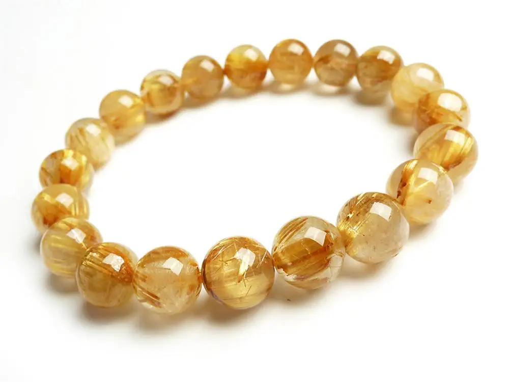 

Natural Brazil Gold Rutilated Quartz Crystal Woman Man Titanium Wealthy Round Beads Bracelet 10mm Jewelry Bangle AAAA