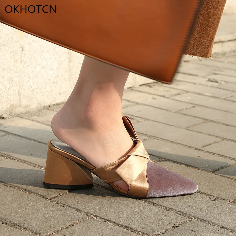 

2018 Spring Autumn Brand Women Mules Shoes Chic Pointed Toe Velvet Upper With Silk Bowtie Slingbacks Chunky Heel Shoes Lady