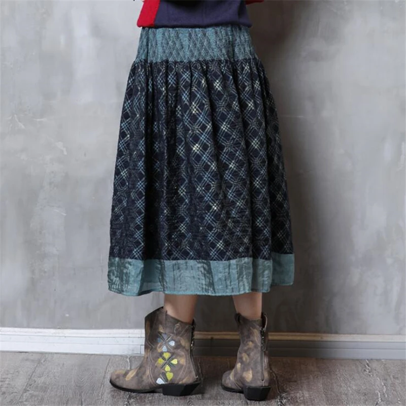 Blue Costura Señoras Cintura Impresas Elástica Faldas Maxi Retro Moda Larga Plisado Mujeres Midi Vintage Navy Falda Impresión Boho Plaid n0qSnZwfU