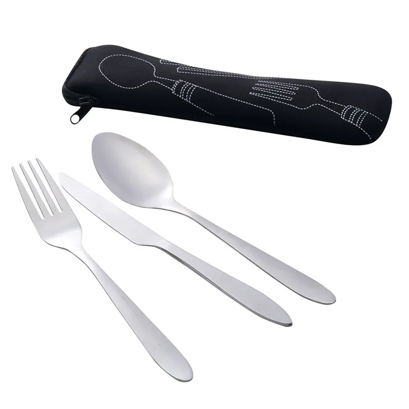 3 Pcs Tableware set Stainless Steel Knife Fork Spoon Chopsticks Travel Camping Cutlery Eyeful Cloth Bag Picnic Tools 20JY178