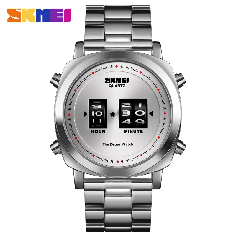 SKMEI мужские модные кварцевые часы наручные часы запатентованный дизайн из нержавеющей стали водонепроницаемые простые барабанные часы Orologio Uomo - Цвет: Silver-Silver