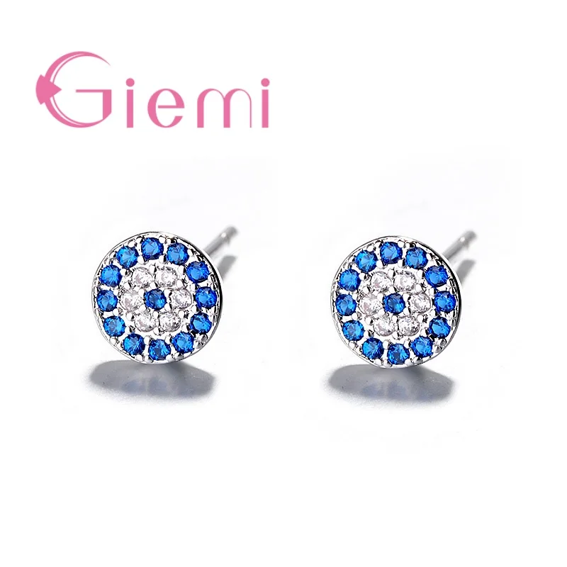 Blue Cubic Zirconia Paved Evil Eye Stud Earring New 925 Silver Turkey Lucky Eye Tiny Push Back Earring For Wedding