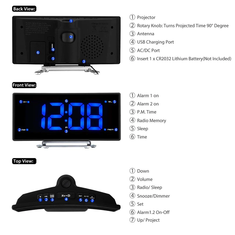 Electronic Table Projector Clock Desk Nixie Projection Alarm Clock With Time Projection Mirror FM Radio Alarm Clock LED Digital