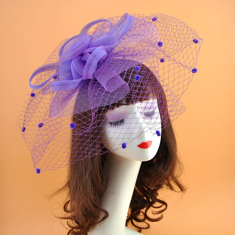 Вуаль в горошек головные уборы в сетку Свадебная заколка для волос головные уборы для женщин Модные Коктейльные Вечерние из пряжи с пером большие аксессуары для волос - Цвет: Фиолетовый