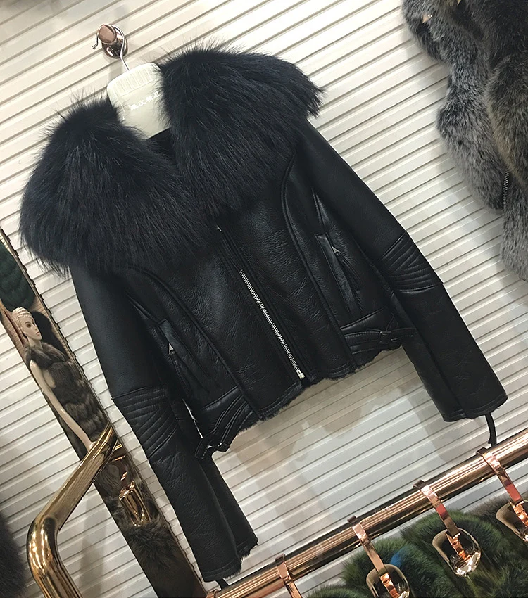 Пальто с натуральным мехом, пальто с натуральным овечьим мехом, Толстая теплая кожаная куртка, зимняя куртка, пальто, женская большая парка с воротником из натурального меха енота