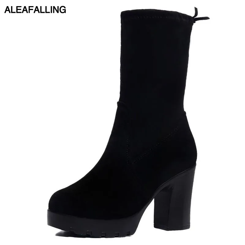 

aleafalling Women Boots Lace up Solid Cross-tied Casual Flock Mid-calf Boots Mature Round Toe Women Shoes Boots Warm WBT226