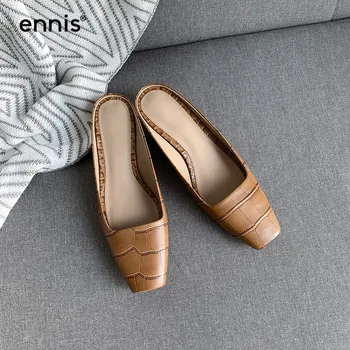 

ENNIS 2019 Designer Square Toe Mules Shoes Women Genuine Leather Low Heel Slipper Summer Casual Shoes Black Brown Fashion M988