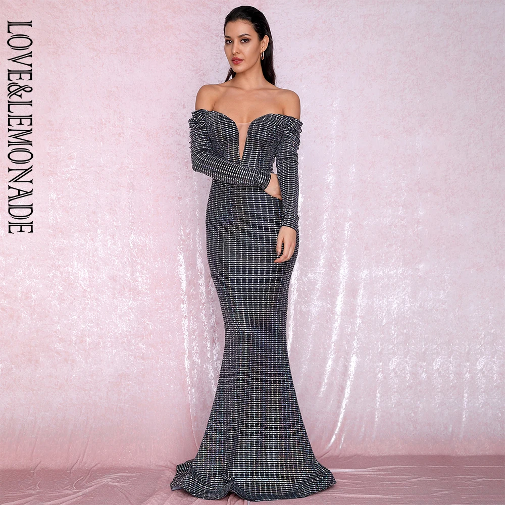 

LOVE&LEMONADE Sexy Open Shoulder Silver Sequins Composite Bubble Long Sleeve Bodycon Party Maxi Dress LM81926