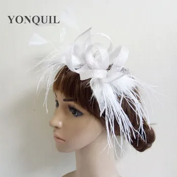 

high quality vintage sinamay leaves fasinctor hats white Ostrich feather flower bridal wedding hair accessories party hats FS20