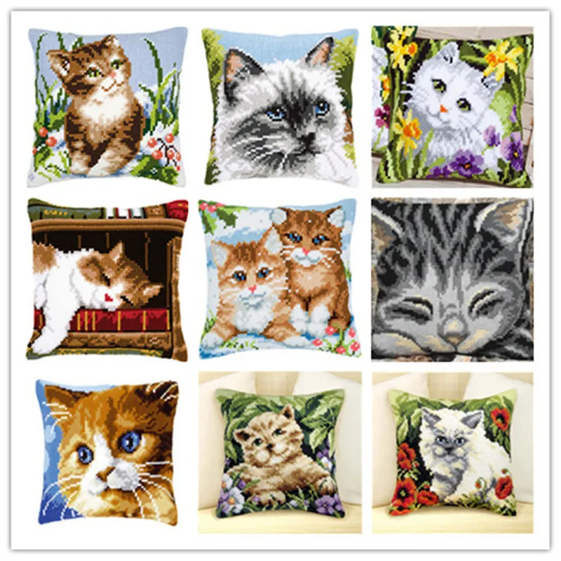 

oneroom Cross Stitch Pillow Mat DIY Craft Cute Cat Latch Hook Kit 42CM by 42CM Needlework Crocheting Cushion Embroidery