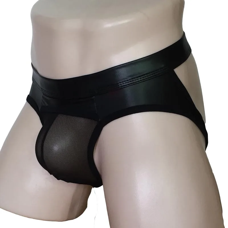 underwear man Sexy Faux Leather Wet Look Mesh Crotch Pouch Brief Open Butt Backless Jock Strap Bikini Underwear Hot Pants Fetish Lingerie briefs for men