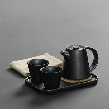 

Black Zen Japanese Tea Set Ceramics Kung Fu Tea Puer Teapot Teacup Tea Tray Linen Towel Coarse Pottery Creative New Home Decor