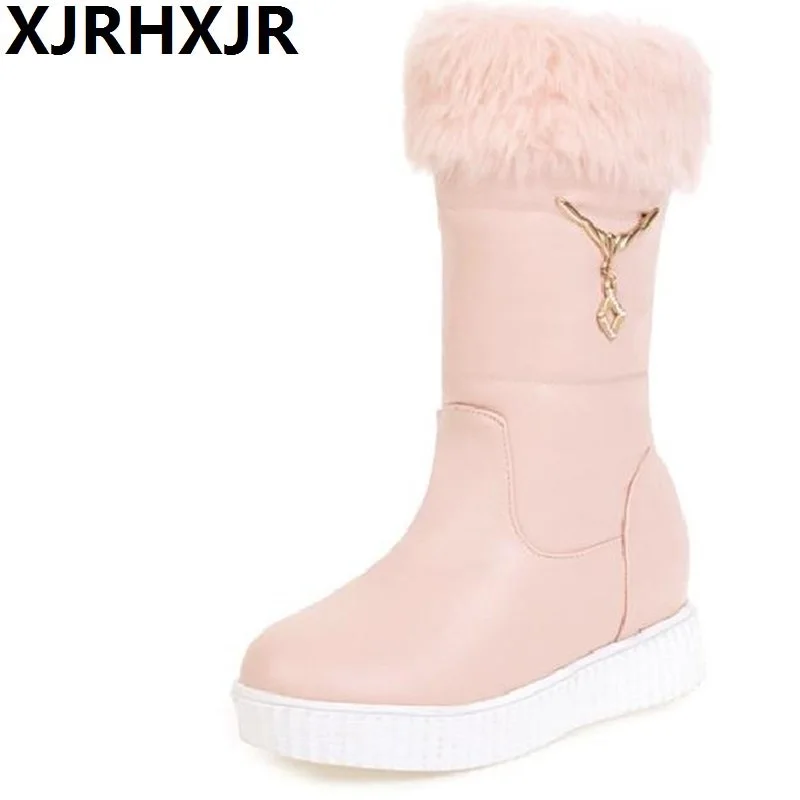 XJRHXJR Keep Warm Shoes Woman Platform Wedges Heel Snow Boots Ladies Plush Warm Round Toe Snow Boots Women Fur Boots Mid-calf lukuco pure color women mid calf snow boots with faux fur design high quality pu made med wedges heel shoes