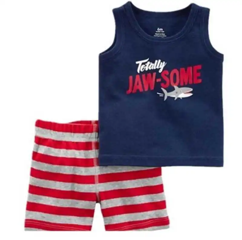

Totally JAW-SOME Summer Baby Clothing Suit Boy Beach Clothes 2-Pieces Sets Sleeveless Singlet Shark Stripe Short Pants Vest 0-2Y