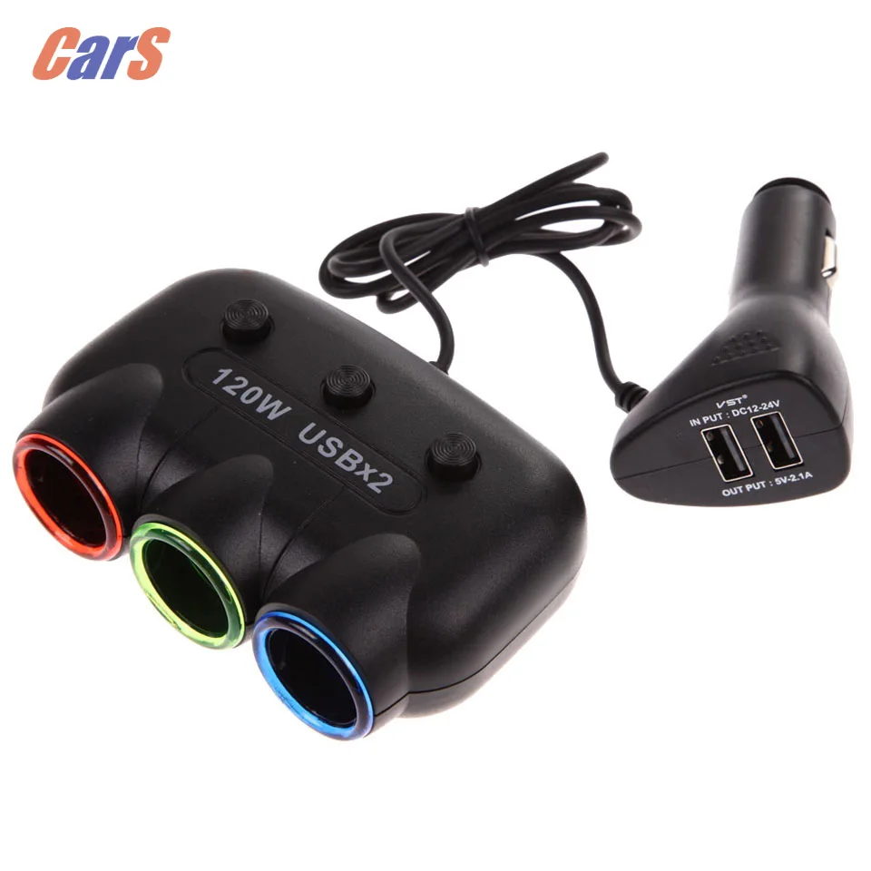 BEST Car Charger Car Cigarette Lighter Socket Splitter USB Port 3 Sockets 120W super power Adapter For Iphone/Samsung/MP3