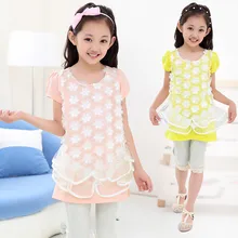 Korean Children’s Summer Girls Long T-shirt Lace Shirt Kids Clothing Pink Yellow Flowers