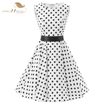 

SISHION High Quality Women Dress 2018 Sleeveless Ladies Big Swing White Polka Dot Dresses Cotton 50s 60s Vintage Dress VD0109