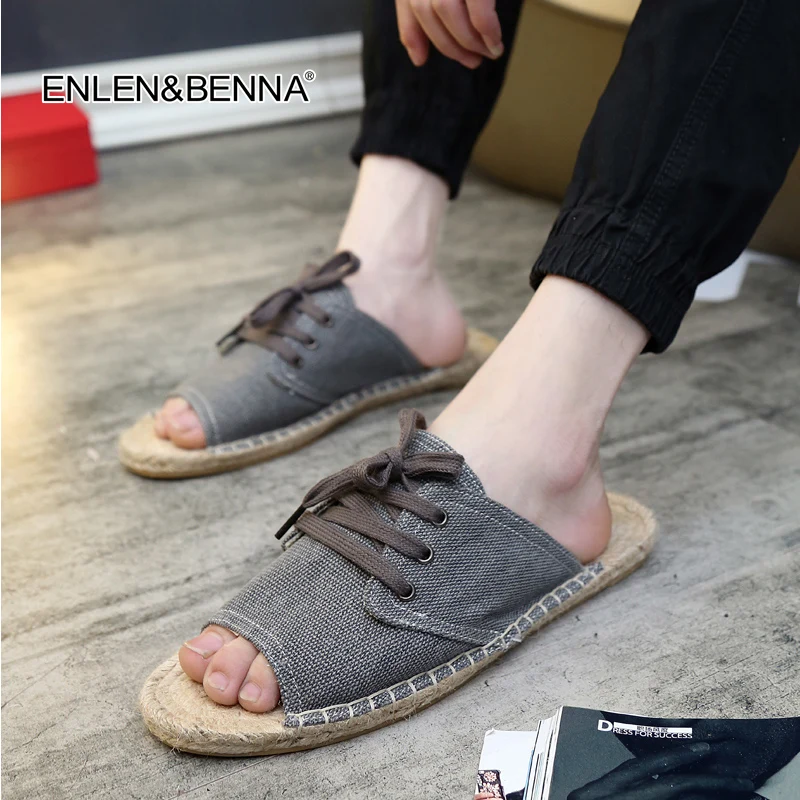 

2018 Summer Canvas shoes Men Fashion Sandals Flip Flops Casual Lace up Breathable Men Sandalias Hombre Beach Slippers For Man