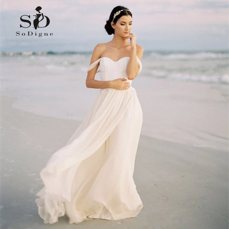 

SoDigne 2019 Spring Summer Beach Lace Bride Dress Sleeveless Backless Chiffon White/Ivory Wedding Dress Accept Custom Made Size