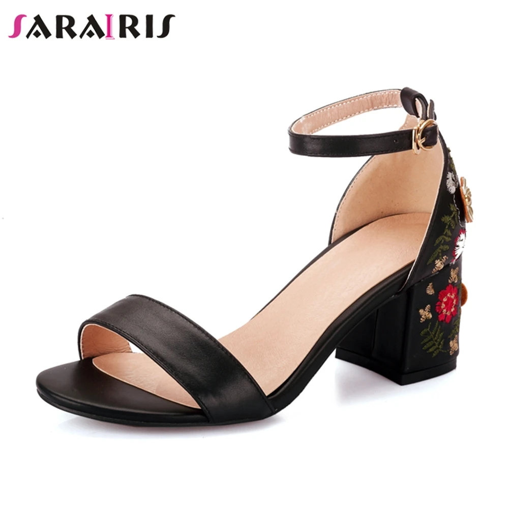 

SARAIRIS 2019 genuine leather elegant flowers Embroidery shoes woman square high heels sandals shoes ankle-strap women's shoes