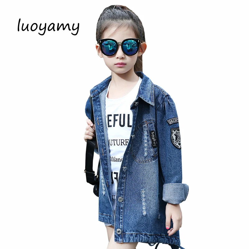 

luoyamy Autumn Winter Girls Kids Long Turn-down Collar Tie Letter Denim Jacket Feminine Children's Coat Cowboy Jackets