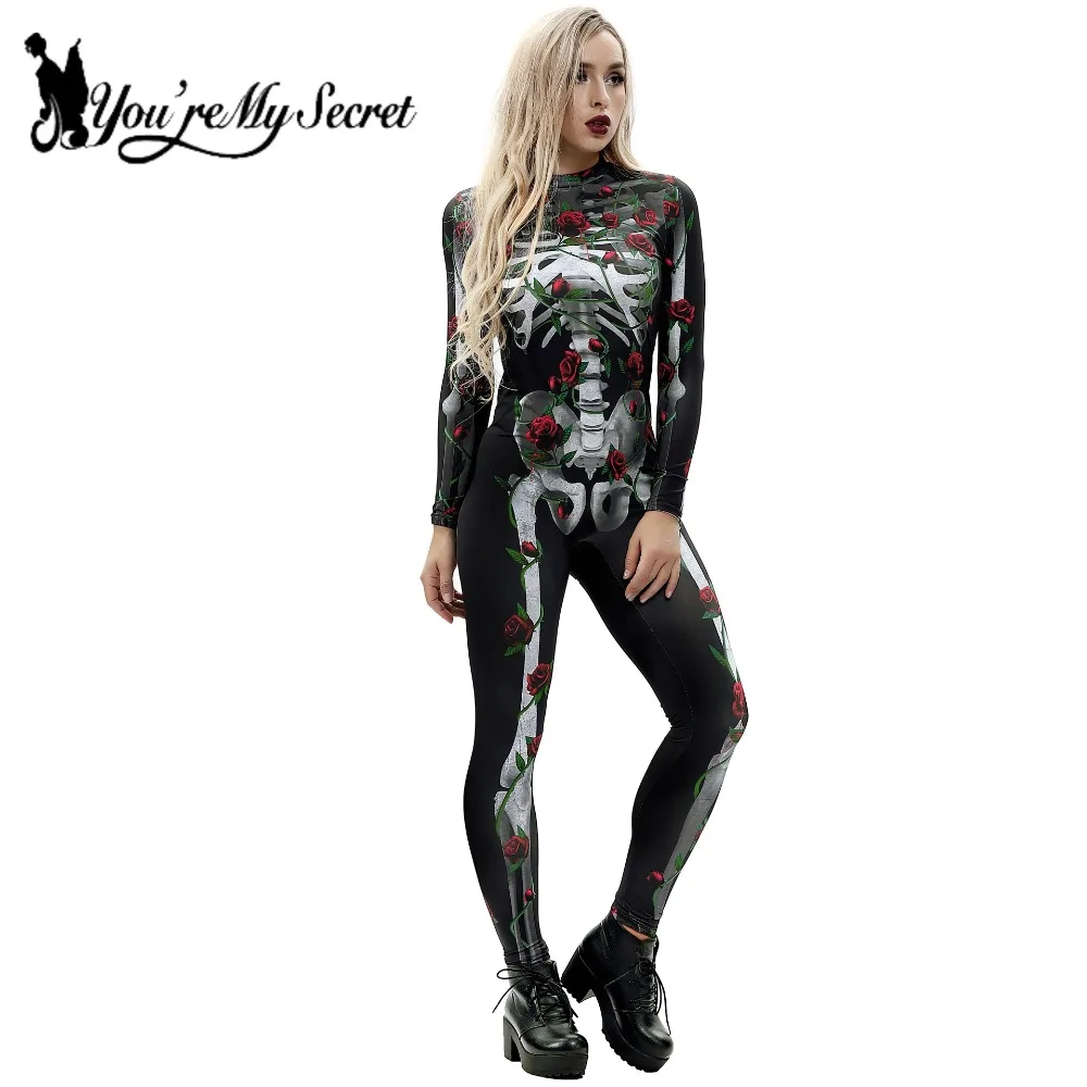 [You're My Secret] Halloween Costume For Women Bodysuits Rose Skull Skeleton Printing Jumpsuit Party Scary Catsuits