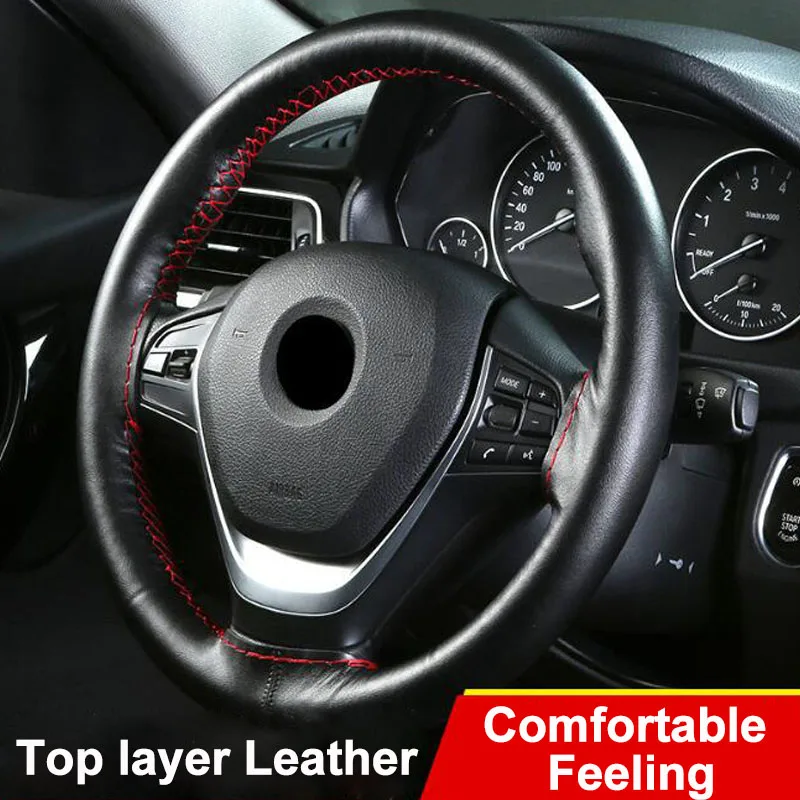 

Genuine Leather Car Steering Wheel Cover 38cm Non-slip Braid On Steering Wheel Car-Styling Steering-Wheel Cover Universal