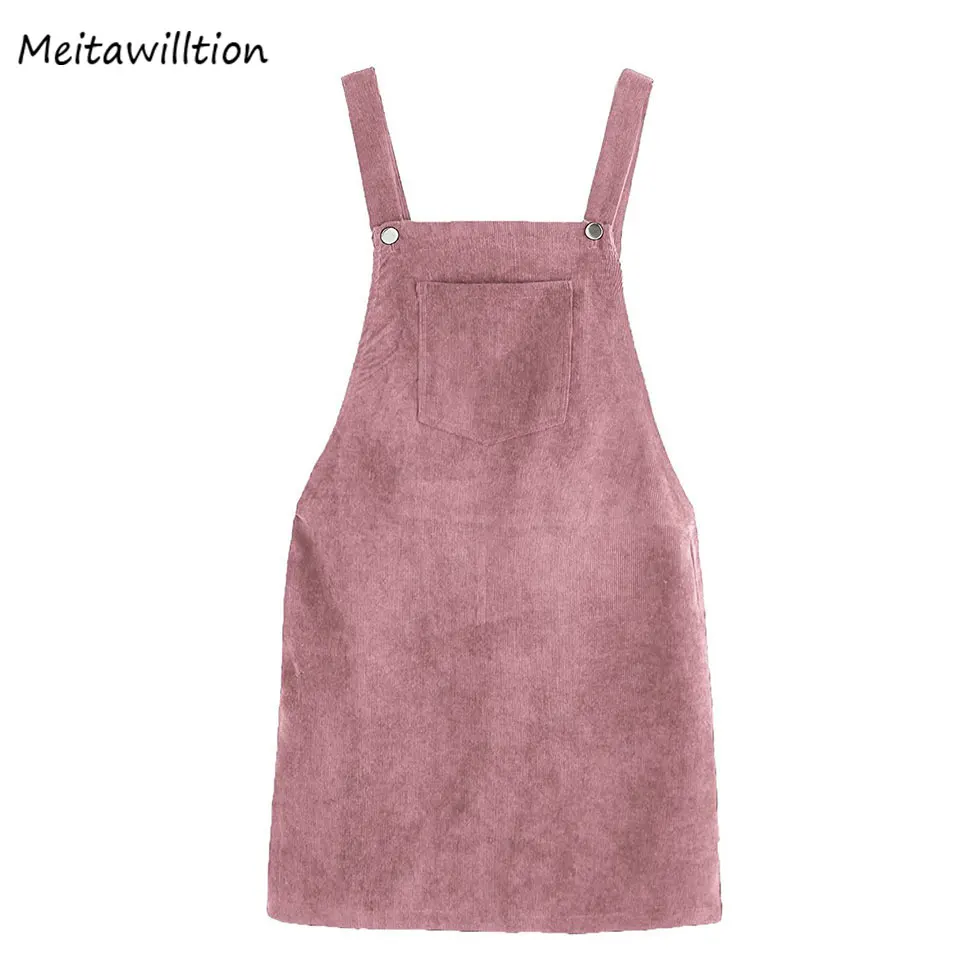

Women Summer Dress 2019 Bib Front Pockets Overall Dress Pink Button Pinafore Sarafan Ladies Sleeveless Short Dress Sundress