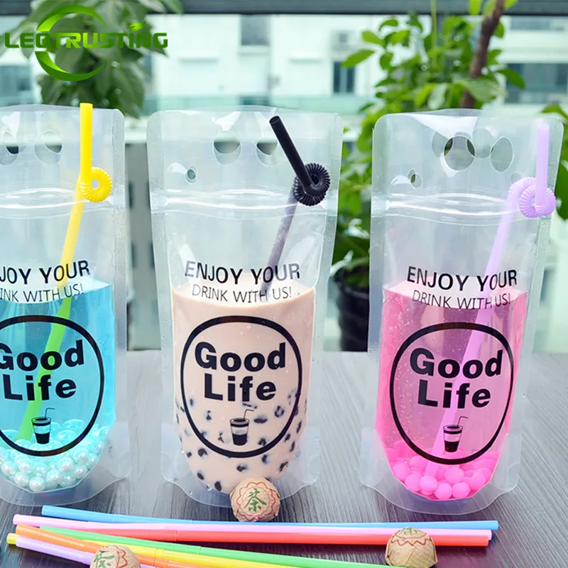 

Leotrusting 50pcs 450-500ml Clear Plastic Drinking Packaging Pouch Beverage Juice Coffee Bag Good Life Summer Beverage Pouches