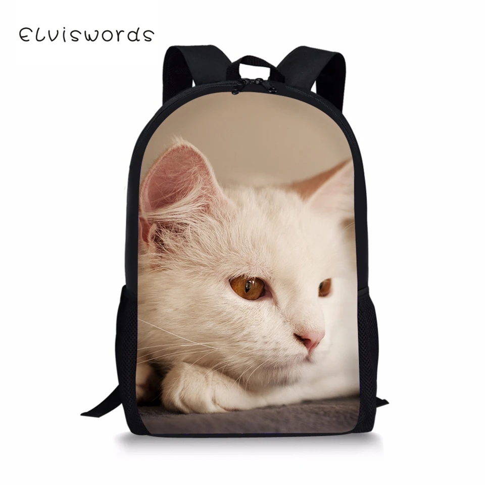 ELVISWORDS детский модный рюкзак с милыми животными, детские школьные сумки, белые ангорские кошки, школьные сумки для малышей, женские дорожные