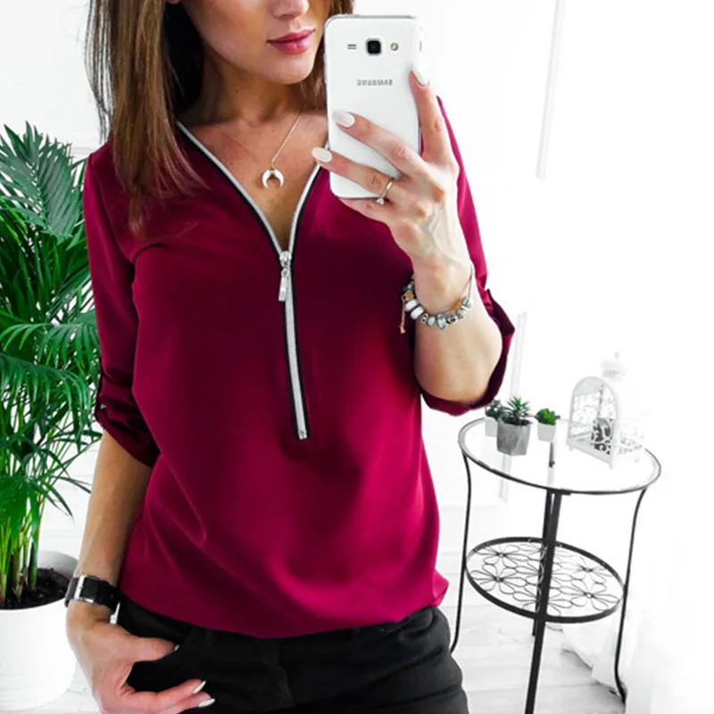 Женская шифоновая блузка на весну и лето, топ с воротником в, на молнии, с длинными рукавами, свободная рубашка, женская блуза размера плюс 5XL - Цвет: Wine Red