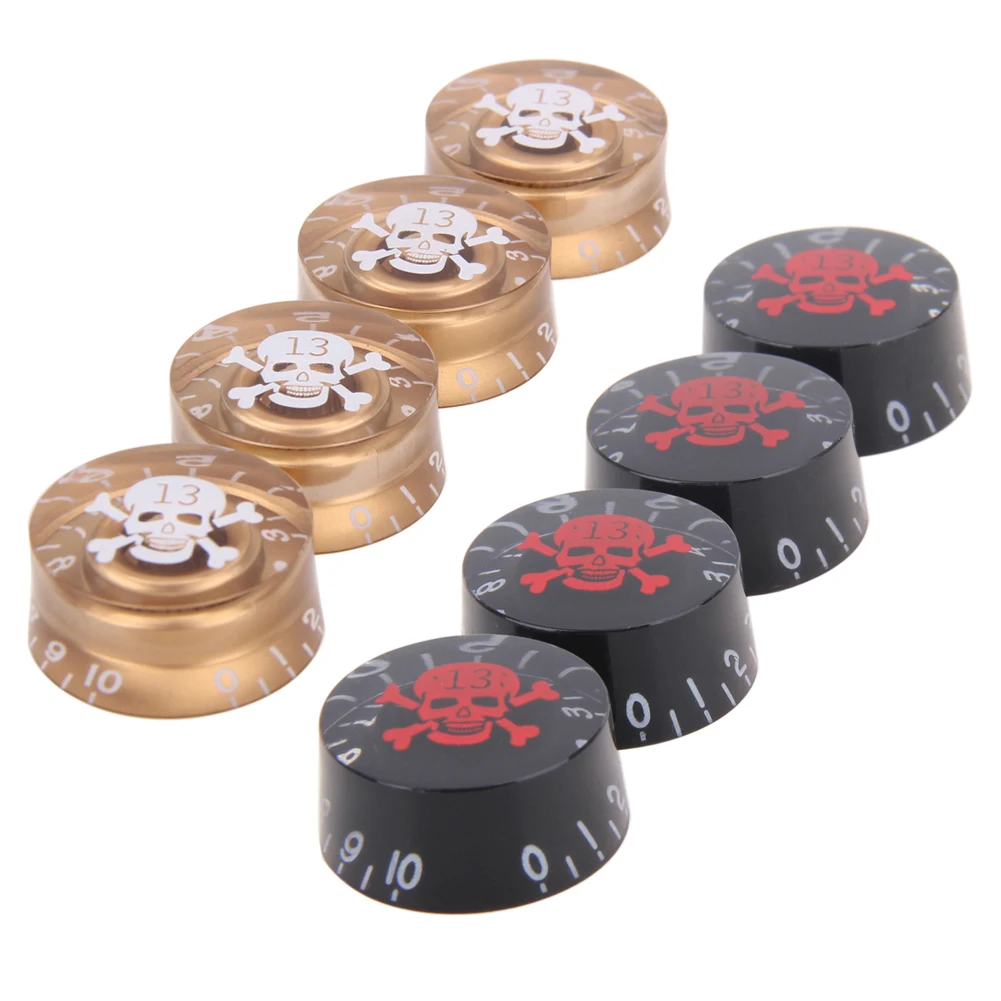 

4Pcs Acrylic Skull Head Electric Guitar Knob Tone Volume Cap Control Speed Knobs for Guitar Skull Print Caps Gold Black