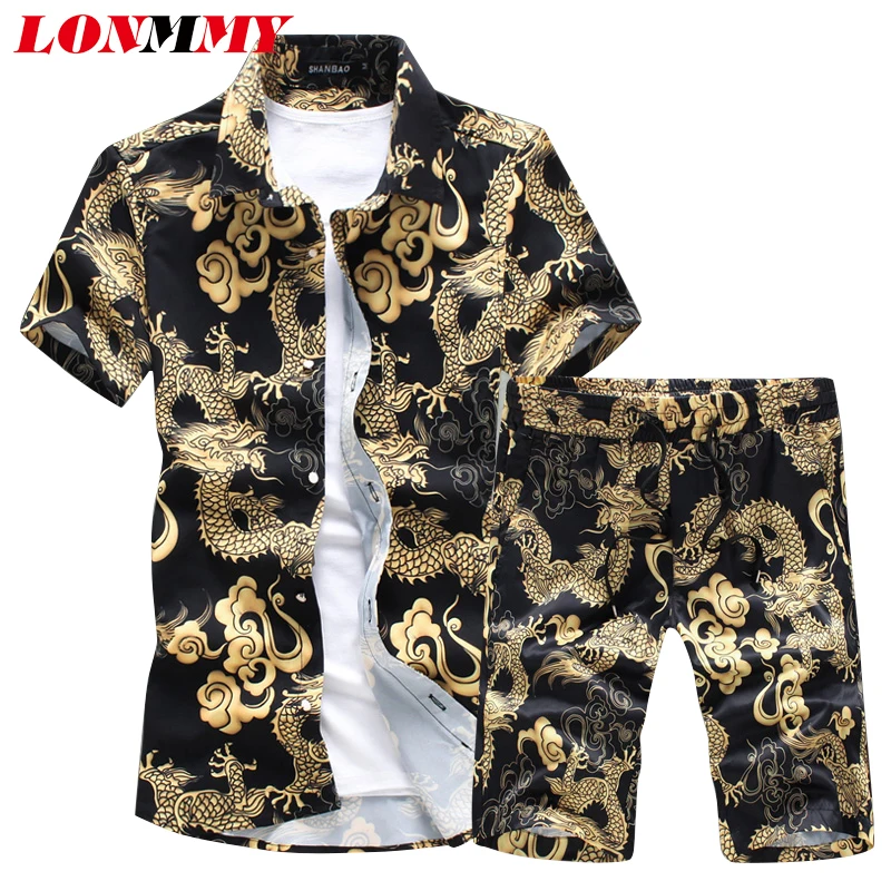 LONMMY рубашки с короткими рукавами для мужчин camisa мужской тонкий Дракон узор рубашки+ шорты Винтаж повседневное для мужчин рубашк