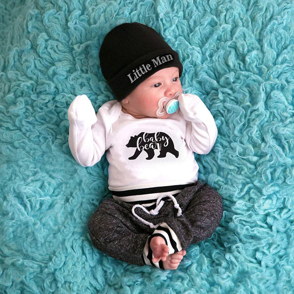 Infant Kids Baby boy Girls Clothes Sets 3 PCS Long sleeve Solid color Romper + Shrink trousers black knitted hat clothes set | Детская