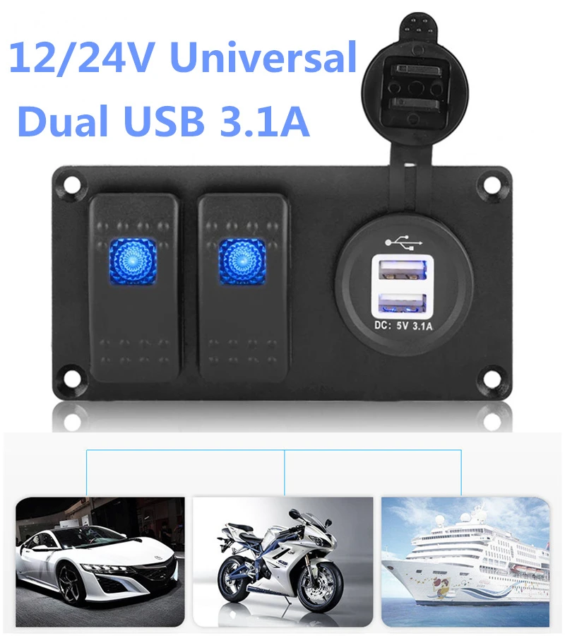 

Universal Auto ATV Marine Boat 12V/24V 2 Gang Switch Panel Circuit Blue Led Rocker Breaker Car Waterproof Switches Controls