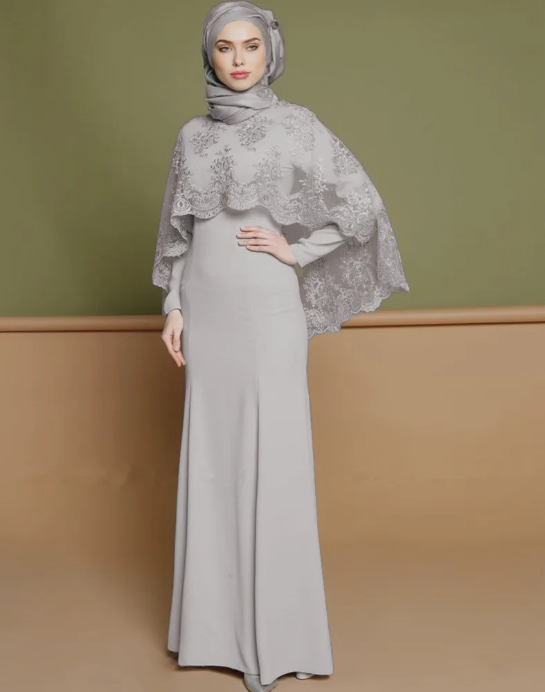 

Women Muslim Dress with lace cape Islamic Abaya Kaftan Dubai Clothing Solid Color Lace Gown Arab Turkish evening robe A61501