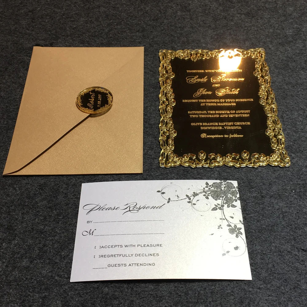  Personalised Hollow Out Pattern 5X7inch Golden Mirror Acrylic Wedding Invitation Card 100 Sets Per  - 32830031389