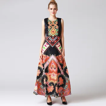

GoodliShowsi 2018 Summer Spring New Round Collar A-line Sleeveless Slim Waist Wind Large Pendulum Style Dress