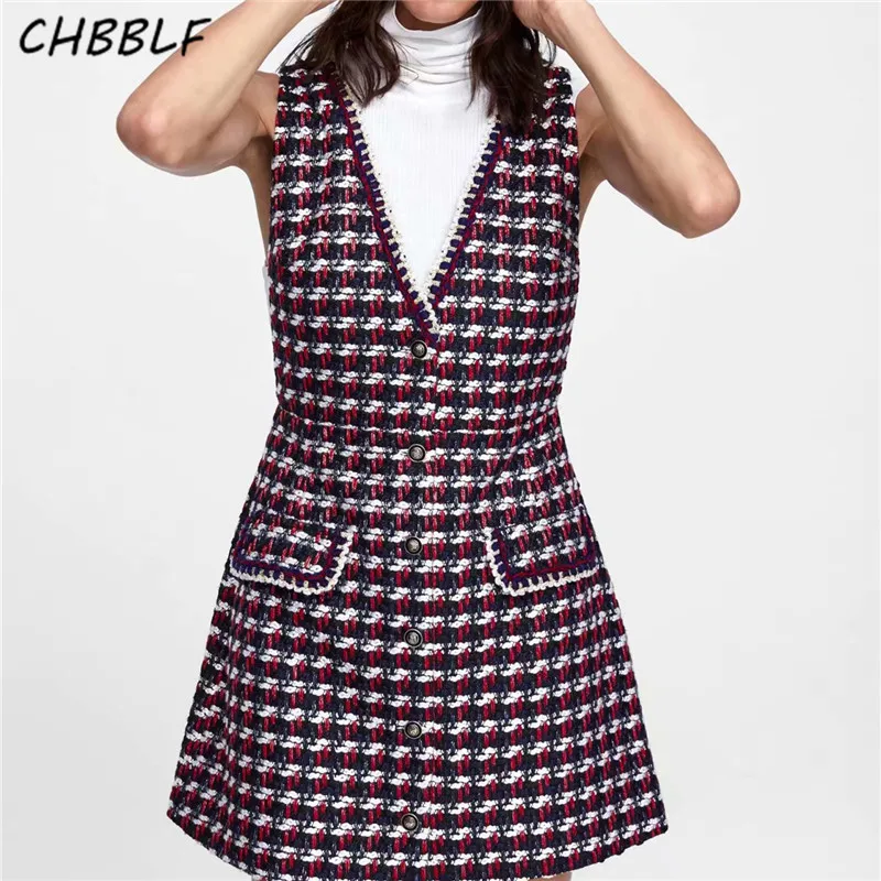

CHBBLF women V neck plaid tweed dress buttons pockets decorate sleeveless ladies casual mini vestidos mujer BGB8467