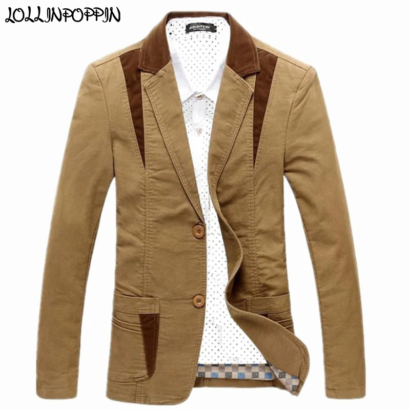 Buy Men Khaki Casual Blazers Patchwork Design Notched Lapel Two Buttons Single