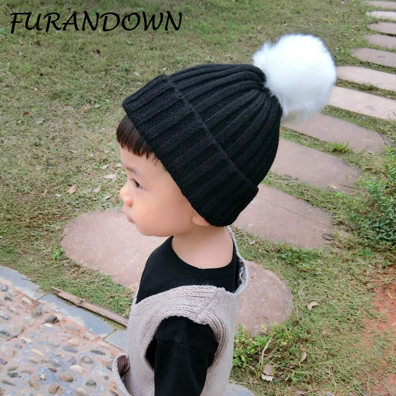 Knitted Baby Beanies 2017 Fashion Faux Fur pom poms Hat For Children