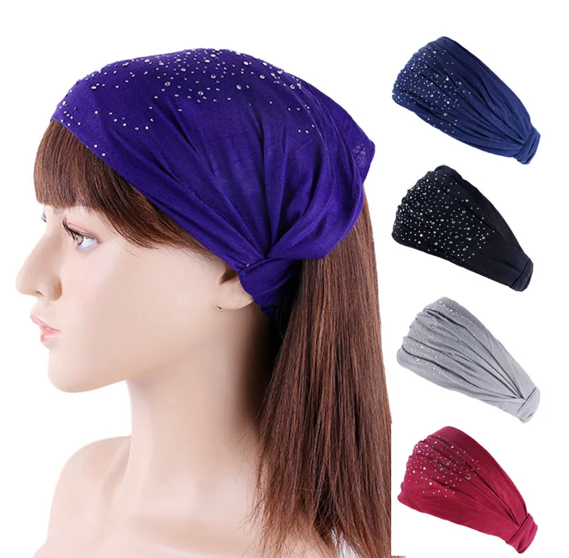 New women rhinestone Elastic Hairband Head Band Sport Yoga Headband Wrap Neck Head Scarf Cap 2 in 1 Bandana Hair accessories