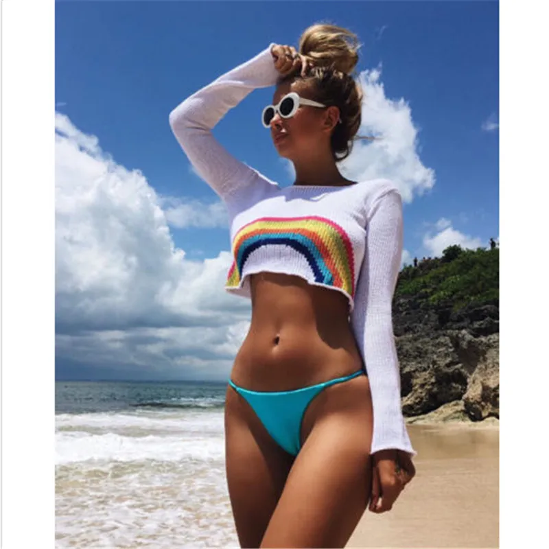 

Summer Women Beach Bikini Cover Up Sun Shirt Loose Swimwear Rainbow Crop Top