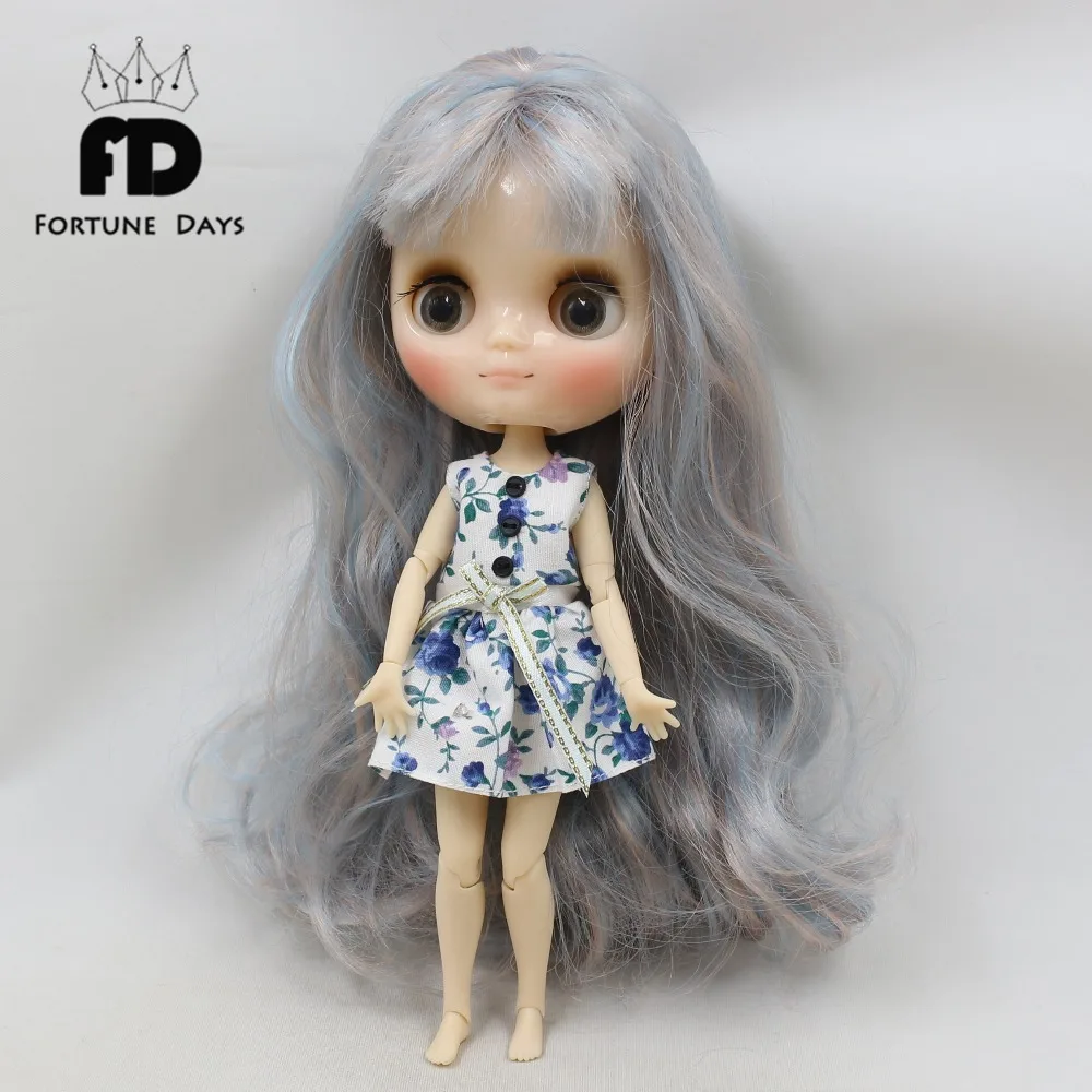 

Free shipping only for middie blyth doll 1/8 20cm blue white dress with button