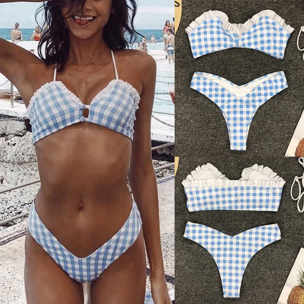 

Women Sexy Swimwear Lattice Bikini Set Plaid Printing Lace Side Beachwear stroje kapielowe damskie swimsuit push up