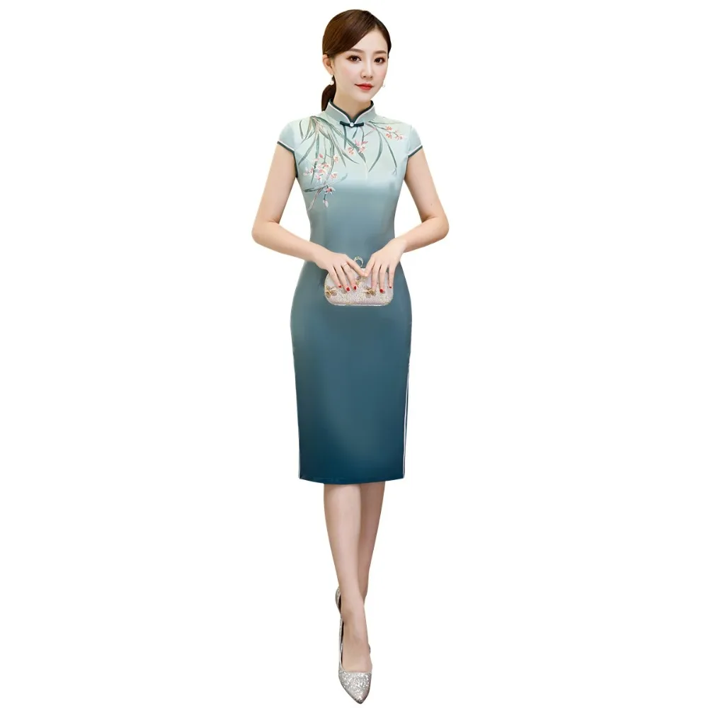 Шанхай история искусственный шелк короткий рукав цветочный Qipao с подкладкой