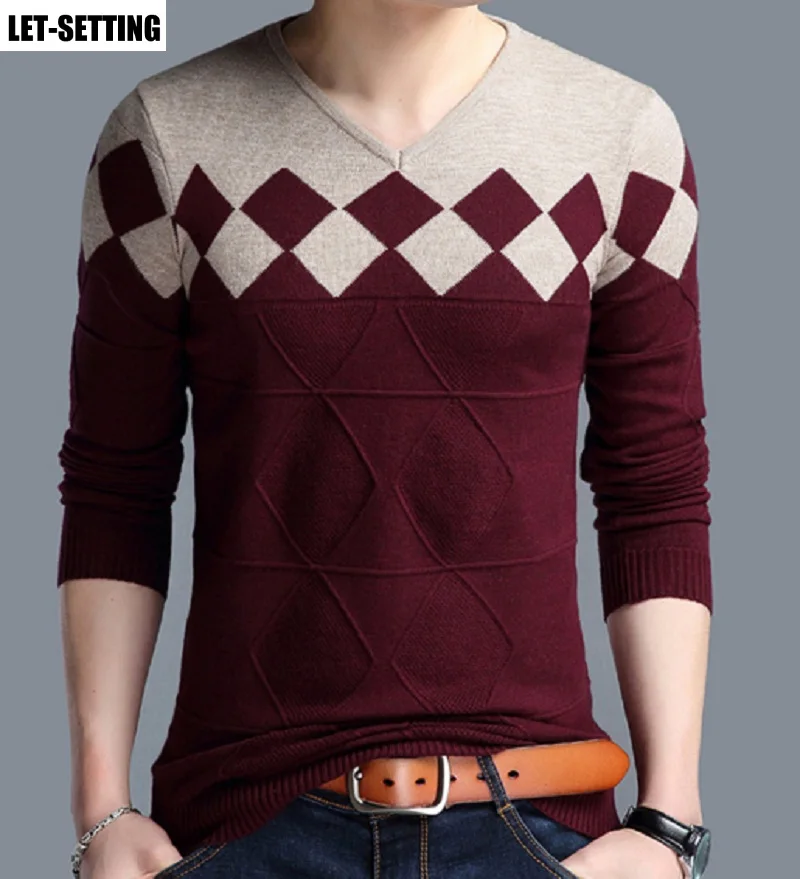 knit bottoming slim fit pullovers shirt men Korean autumn winter argyle