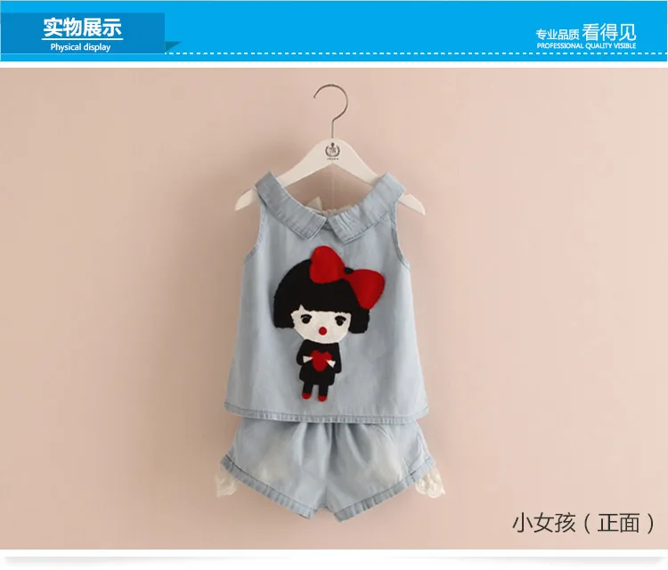 Girls Clothes 2018 Summer Casual 2-10 Years Old Kids Little Baby Cartoon Girl T Shirt+Shorts 2 Piece Lace Denim Blue Suit Set (6)
